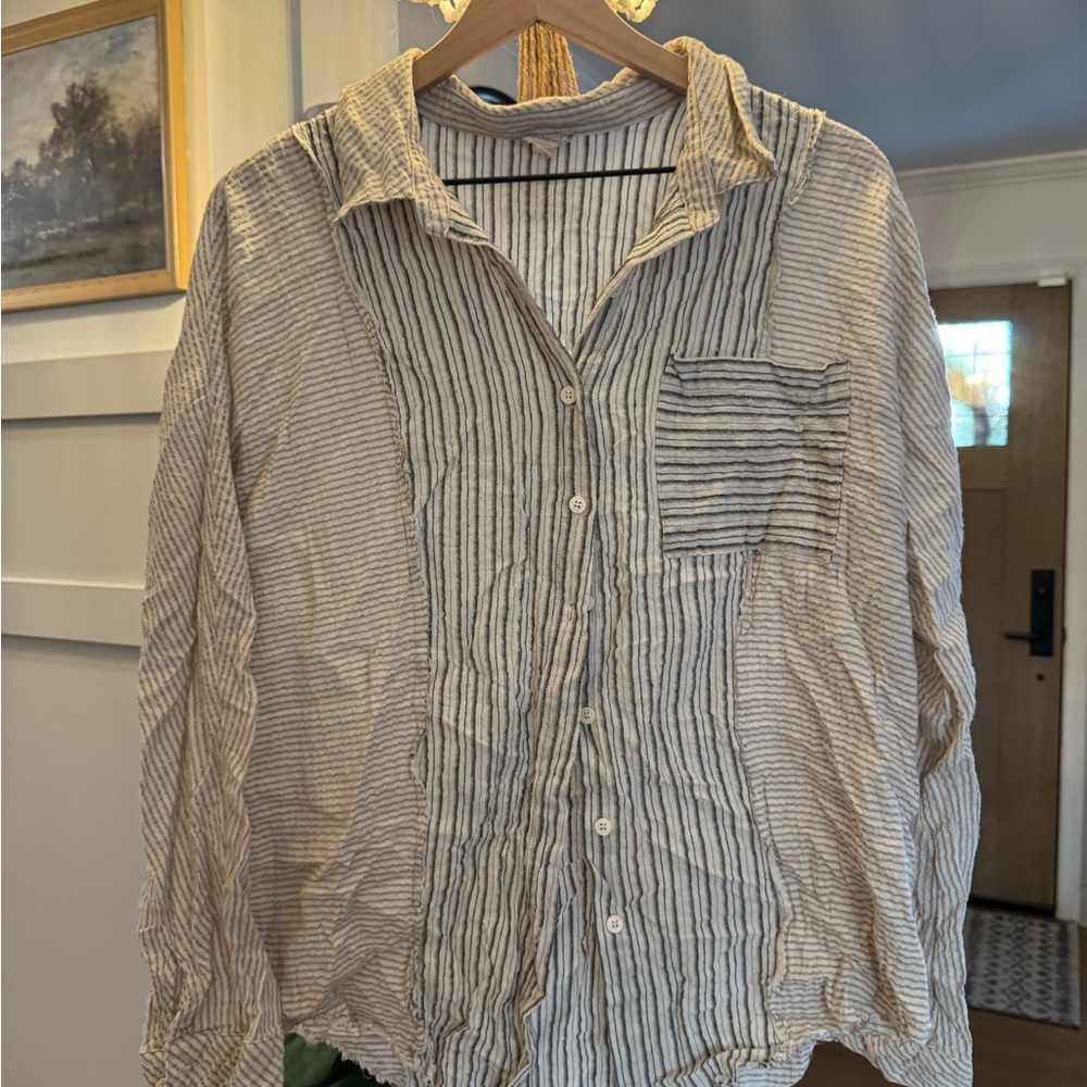 Hem & Thread Casual Striped Linen Shirt in Beige and Black